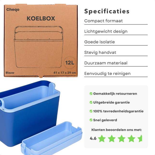 Cheqo® Koelbox - Frigobox - Coolbox - 12 Liter - Smal Model - Ideaal voor Picknick - Compact en Blauw