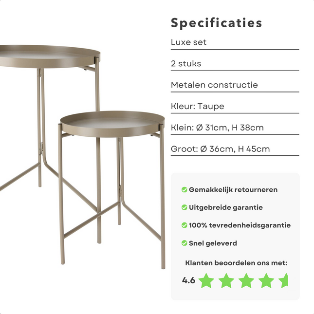 Luxe taupe metalen bijzettafels set, 2 stuks, duurzame constructie, specificaties met afmetingen en klantbeoordeling 4.6 sterren.