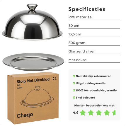 Cheqo® RVS Stolp - Serveerschaal Met Deksel - 30 cm Diameter - Voedsel Presenteren - Taartstolp - Kaas En Gebak - Snacks Serveren - Glanzend Roestvrij Staal - Stolp Met Onderbord - Ronde Serveerschaal