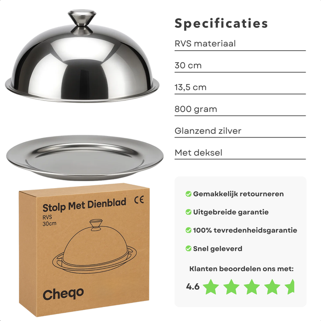 Cheqo® RVS Stolp - Serveerschaal Met Deksel - 30 cm Diameter - Voedsel Presenteren - Taartstolp - Kaas En Gebak - Snacks Serveren - Glanzend Roestvrij Staal - Stolp Met Onderbord - Ronde Serveerschaal