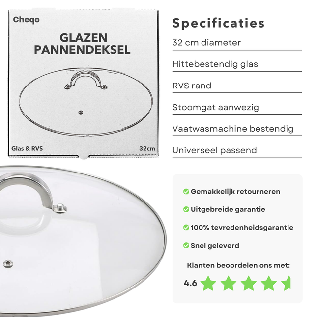 Cheqo® Glazen Pannendeksel - Pannen Deksel - Glazen Pandeksel - 32 cm - Vervangend Deksel met Stoomgat - RVS Rand - Vaatwasmachinebestendig