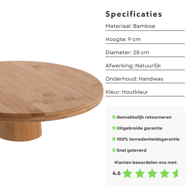 Cheqo® Bamboe Serveerplank op Voet - Ronde Plank 28 cm - Stijlvolle Houten Serveerplank - Borrelplank - Hapjesplank - Ronde Borrelplank - Duurzaam - Tapasplank - Perfect voor Feestjes en Borrels