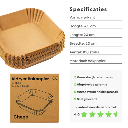 Cheqo® Airfryer Bakpapier - Airfryer Accessoires - Wegwerpbakjes - Vierkant Bakpapier - 20x20 cm - Geschikt Voor Airfryer - 50 Stuks - Luchtfriteuse Bakpapier