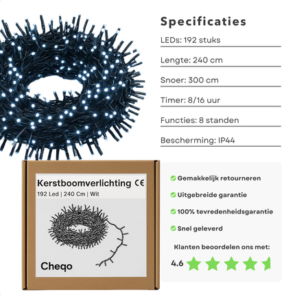 Cheqo® Kerstverlichting - Witte Kerstlampjes - Kerstboomverlichting Wit - 192 LED Lampjes - Koel Wit Licht - Verlichte Lengte 240 CM - Aansluitsnoer 300 CM - 8 Lichtfuncties - Automatische Timer - Geheugenfunctie - IP44 Adapter - Binnen en Buiten