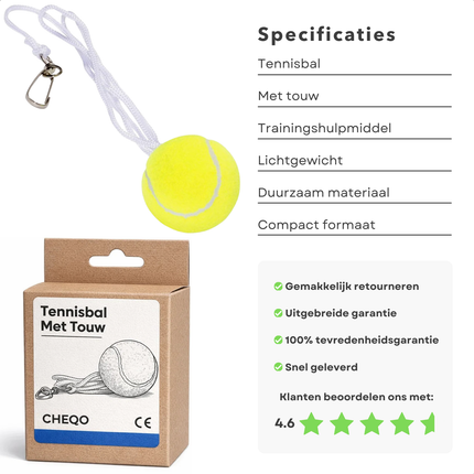 Cheqo® Tennisbal Met Touw - Tennisbal Aan Touw - Tennisbal Met Koord - Tennisbal Met Lijn - Tennisbal Met Clip - Tennis Trainer Bal - Tennis Trainingsbal - Tennis Oefenbal - Tennisbal Trainer - Tennisbal Terugslag