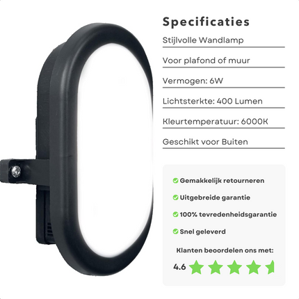 Cheqo® Moderne Waterdichte Zwarte Wandlamp voor Buiten - Buitenlamp - 6W Led Buitenverlichting met 400 Lumen - 6000K - Tuinverlichting - Padverlichting