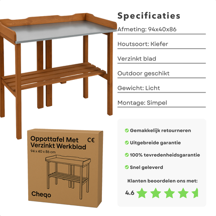 Cheqo® XL Oppottafel Hout - Tuinwerktafel - Plantentafel - Werktafel - Oppot Tafel met Verzinkt Werkblad - Werkbank Voor Tuin en Balkon