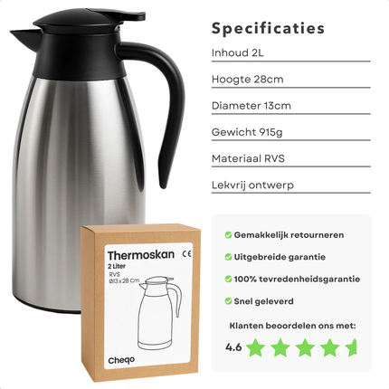 Cheqo® Thermoskan 2 Liter - RVS Thermoskan - Dubbelwandige Thermoskan - Lekvrije Thermoskan - Isolerende Kan - Warme en Koude Dranken - Thermoskan met Handgreep - 1-Hand Bediening - Roestvrij Staal - Thermoskan voor Koffie