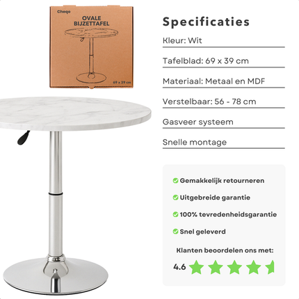 Cheqo® Luxe Ovale Bijzettafel - Verstelbare Ovale Tafel - Marmer Look - Salontafel Draaibaar - MDF & Metaal - Wit