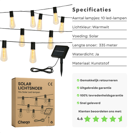 Cheqo® Solar Lichtsnoer op Zonne-Energie - Tuinverlichting op Zonneenergie - Vintage LED Tuin Lampen - Lichtslinger voor Tuin en Balkon