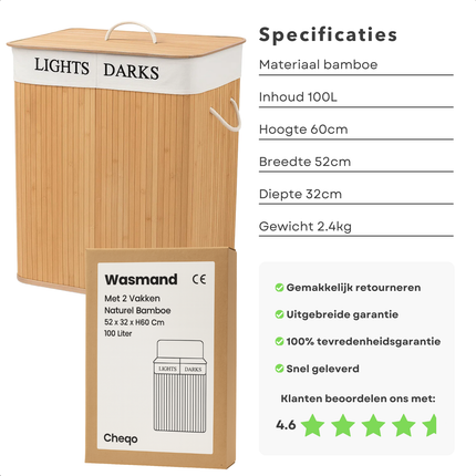 Cheqo® Wasmand met 2 Vakken - Wassorteerder - Bamboe Wasmand - Uitneembare Binnenzak - Afneembaar Deksel - 100 Liter Inhoud - Naturel Kleur - Wasmand met Deksel - Wasbare Binnenzak