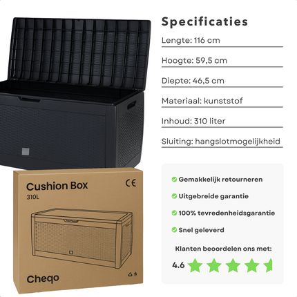 Cheqo® Opbergbox Tuin 310L – Tuinkussenbox met Deksel & Wielen – Kunststof Kussenbox Buiten – Zwarte Wickerlook – Weerbestendig – Verrijdbare & Afsluitbare Tuin Opbergkist – Duurzame Opbergbox Balkon & Garage