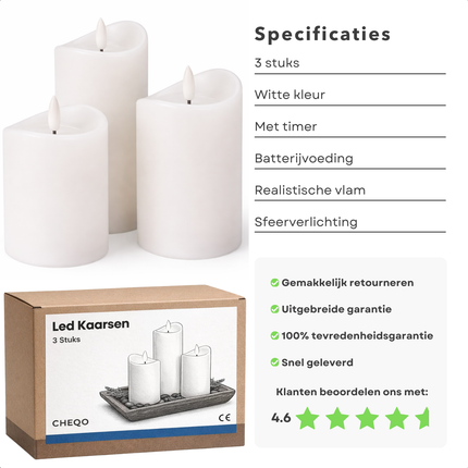 Cheqo® LED Kaarsen - LED Kaarsen Wit - Nep Kaarsen - Vlamloze Kaarsen - Elektrische Kaarsen - LED Stompkaarsen - Kaarsen met Timer - LED Kaarsen met Timer - LED Kaarsen Set - LED Kaarsen 3 Stuks