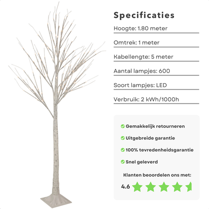 Cheqo® LED Lichtboom - Kerstbloesem - Kerstboom - Kerstversiering - Lichttakken - Kerstverlichting - 1.80m Berkenboom - Binnen/Buiten Verlichting - 600 LED's - Met Timer