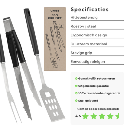 Cheqo® 3 delige BBQ Accessoires Set - Roestvrij Staal - Perfect voor Barbecue - Inclusief Spatel, Tang en Vork