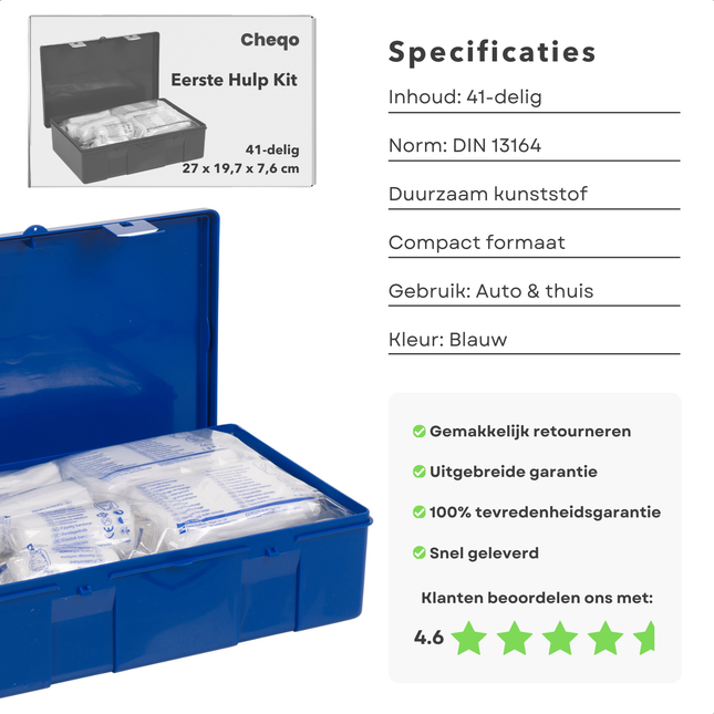 Cheqo® EHBO Kit Auto - 41-delig - DIN 13164 - Compacte Eerste Hulp Set