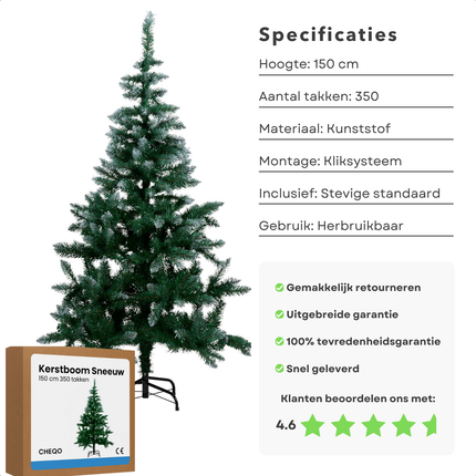 Cheqo® Kunstkerstboom 150 cm - 350 Takken - Sneeuw Kerstboom - Eenvoudige Montage - Herbruikbare Kerstboom - Duurzame Materialen - Flexibele Takken - Compacte Kerstboom - Milieuvriendelijke Kerstboom - Kunstboom Voor Kerst - Snel Opzetten