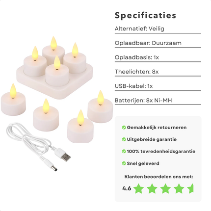 Cheqo® LED Theelichtjes Set - Waxinelichtjes Oplaadbaar en Duurzaam - Horeca LED Kaars - Kaarsjes - Veilig Alternatief voor Waxinelichtjes - Inclusief USB Kabel
