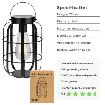 Cheqo® Solar Tafellamp Buiten – Draagbare Lantaarn op Zonne-energie – LED Warm Wit Licht – IP44 Spatwaterdicht – Tuinverlichting – Terras & Balkon Verlichting – Metalen Behuizing – Zonder Bedrading – Oplaadbare Batterij