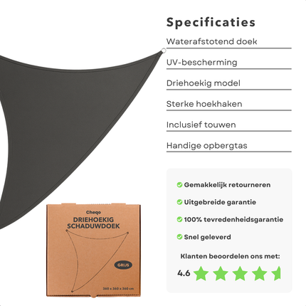 Cheqo® Schaduwdoek Driehoek - Schaduwnet - Zonwering - Zonnezeil - Luifel - Waterafstotend - 3.6 M - Polyester UV-bescherming - Grijs