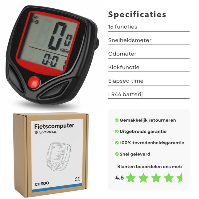 Cheqo® Fietscomputer - Fietscomputer Met Draad - Fietskilometerteller - Kilometerteller Fiets - Fietssnelheidsmeter - Fiets Teller - Fietscomputer Lcd - Fietscomputer Groot Scherm - Fietscomputer 15 Functies - Fietscomputer Met Klok