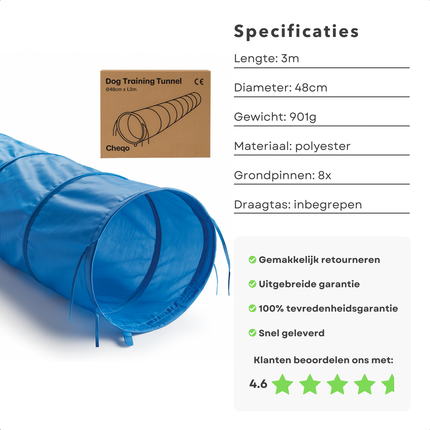 Cheqo® Hondentunnel 3 Meter – Agility voor de Hond – Behendigheid Hond – Opvouwbare Speeltunnel – Lichtgewicht Polyester – Inclusief Grondpinnen & Draagtas – 48 cm Doorsnee – Honden Agility Set – Hondensport Accessoires