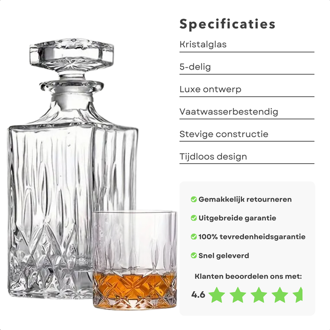 Cheqo® Whiskey Glazen Set - Luxe Kristallen Karaf - Perfect Cadeau - Whiskey Set - Kristal Whiskey Karaf