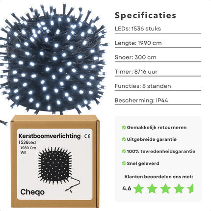 Cheqo® Kerstverlichting - Kerstlampjes - Kerstboomverlichting - 1536 LED - Wit Licht - Koelwit - Verlichte Lengte 1990 CM - 8 Lichtfuncties - Geheugenfunctie - Automatische Timer - 8 Uur aan 16 Uur Uit - IP44 Adapter - Binnen en Buiten