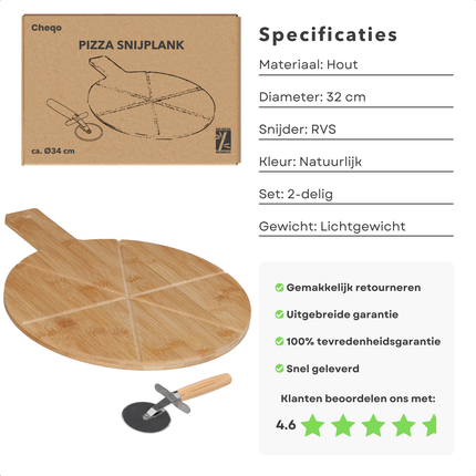 Cheqo® Pizzaplank Bamboe - Inclusief Pizzasnijder - Luxe Pizzabord - Serveerschaal - Tapasplank - Serveerplank - Pizza Serveerplank