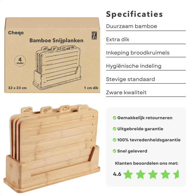 Cheqo® Bamboe Snijplank Set - Antibacterieel Snijplanken Set - Extra Dikke Planken - Inclusief Standaard - Voor Brood en Meer