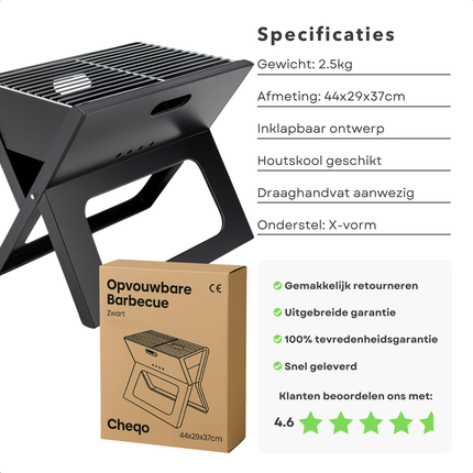 Cheqo® Opvouwbare Barbecue - Draagbare Houtskool BBQ - Portable BBQ - Draagbaar en Inklapbaar - Voor Camping en Strand - Camping BBQ - Houtskool