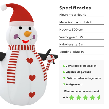 Cheqo® Opblaasbare Sneeuwpop - Sneeuwpop Opblaasbaar - Sneeuwman - 300 cm - Kerstdecoratie Buiten - Weerbestendig Oxford Stof