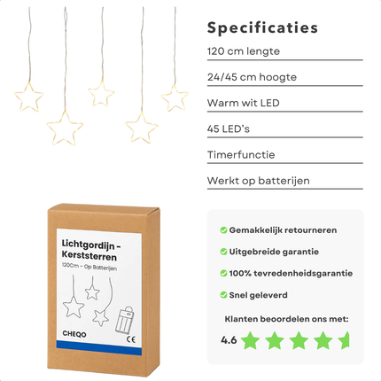 Cheqo® Lichtgordijn Kerststerren - Kerst Lichtgordijn - Licht Gordijn - Warm Wit Licht - 45 LED Lampjes - Automatische Timer - Kerst Ster Verlichting - Kerstverlichting Op Batterijen - Kerstlampjes - Kerstdecoratie - Kertster Verlichting