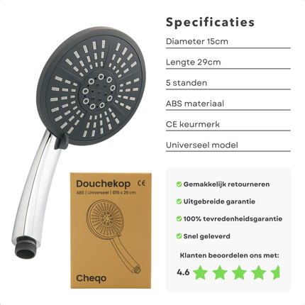 Cheqo® Douchekop 5 Standen - Universele Douchekop - Verstelbare Douchekop - Massagefunctie Douchekop - ABS Materiaal Douchekop - Ø 15 cm Douchekop - Standaard Aansluiting - Eenvoudig Schoon Te Maken - Brede Waterstraal - Smalle Massagestraal