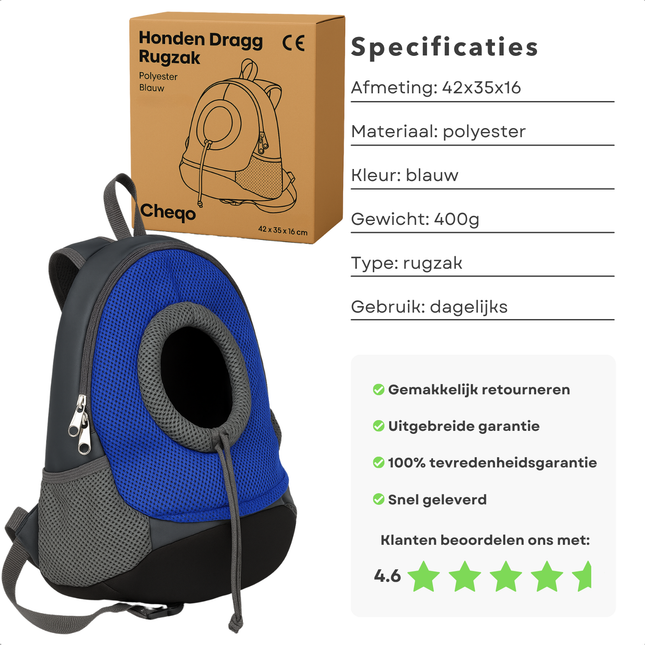 Cheqo® Honden Draagtas - Hongenrugzak - Draagzak Hond - Kleine Honden Rugzak - Dierentas - Ook voor Katten - Polyester - Blauw