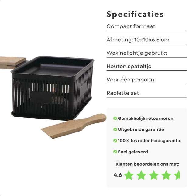 Cheqo Kaasraclette mini grill set with wooden spatula, compact design 10x10x6.5 cm, for one person, uses tealight, features and ratings.