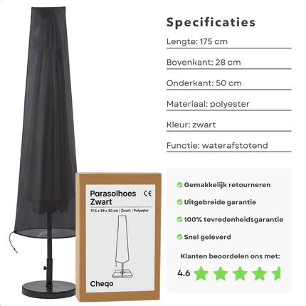 Cheqo® Parasol Beschermhoes UV-Bestendig - Zwart Polyester - Parasolhoes Voor Staande Parasol - Waterafstotend - Parasolhoes Met Trekkoord - Parasolhoes Voor 3 Meter Parasol - Parasol Hoes - Beschermhoes Parasol - Afdekhoes