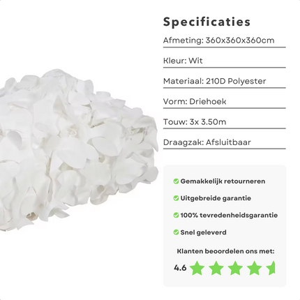 Cheqo® Schaduwdoek Camouflage - Driehoek - 360x360x360 cm - Wit - Waterdoorlatend en Windbestendig - Inclusief Scheerlijnenset - 210D Polyester - Draagzak inbegrepen - Schaduwnet - Schaduwdoeken - Zonwering - Luchtdoorlatend