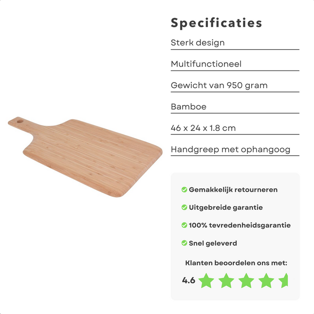 Cheqo® Grote Snijplank Bamboe - 46x24x1.8 cm - Lichtgewicht - Duurzaam - Handgreep met Ophangoog - Borrelplank - Hapjesplank - Kaasplank - Vleesplank - Barbecueplank - Tapasplank - Hakblok - Duurzaam Serveerplanken
