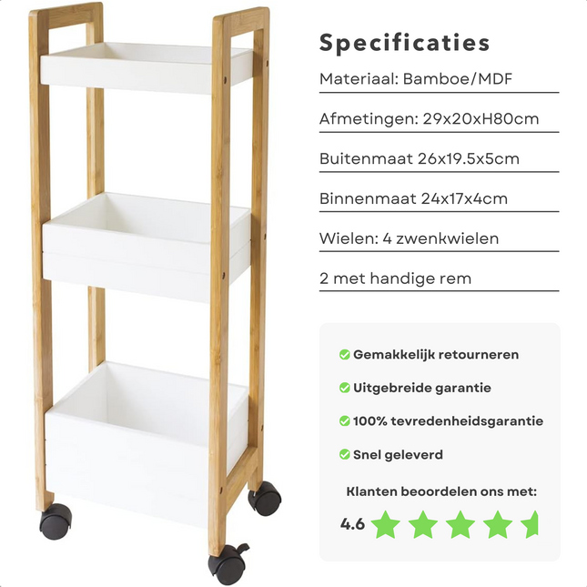 Cheqo® Bamboe Opbergtrolley - Trolley voor Keuken of Badkamer - Verrijdbaar Keukenrek met 3 Etages & Wielen - Badkamer Kast