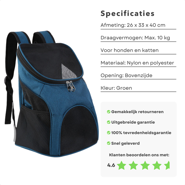 Cheqo® Hondenrugzak - Reistas Kat - Dieren Draagtas - Dierendraagtas - Hondentas - Katten en Honden Tot 10 Kg - Verstelbare Banden - Luchtig en Duurzaam