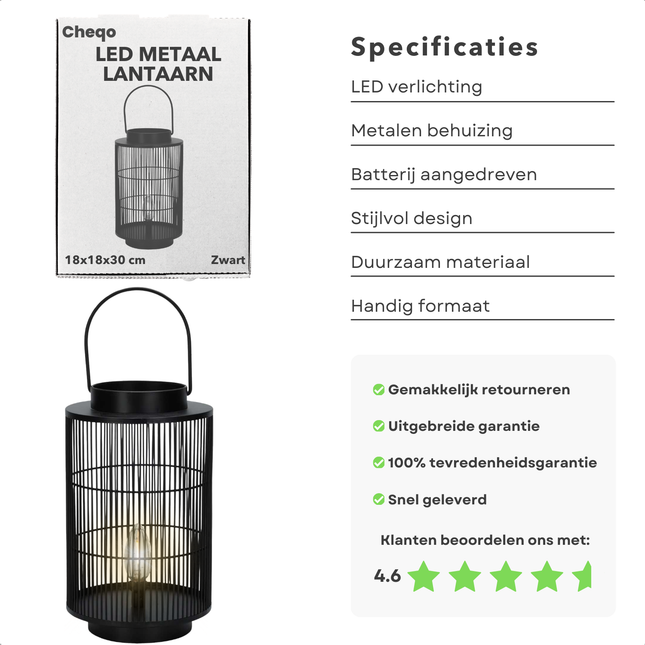 Cheqo® LED Lantaarn - Tuin Lantaarn - Tafellamp - Zwart Metaal - 30 cm - Voor Tuin en Terras - Tentlamp - Werkt op Batterij