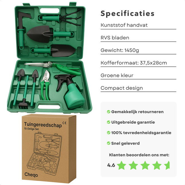 Cheqo® Tuingereedschap Set - Tuingereedschap Set - Snoeischaar- Tuinset - Snoeischaar - Tuinieren - Complete 10-Delige Set met Opbergkoffer - Inclusief Plantenspuit