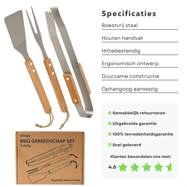 Cheqo® BBQ Accesoires - BBQ Gereedschap Set - 3-delig RVS - Barbecue Accessoires - BBQ Tang - BBQ Vork - BBQ Spatel