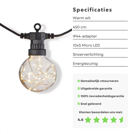 Cheqo® Tuinverlichting Micro LED - Lichtslinger - Lichtsnoer - Fairy Lights - 450 cm Snoerverlichting Warm Wit - Buitenverlichting met 10x5 Lampen - LED Lichtslinger - Feestelijke Tuindecoratie
