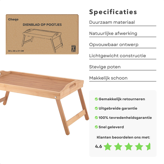 Cheqo® Bamboe Dienblad Op Pootjes - 50x30 - Ontbijt Op Bed - Ontbijttafel - Bedtafel - Laptoptafel - Opvouwbaar en Duurzaam