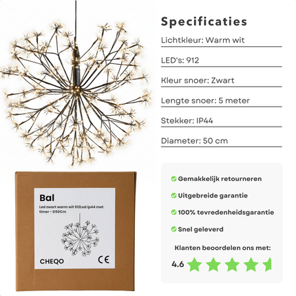 Cheqo® Balvormige Kerstverlichting - Kerstbal Warm Wit Licht - Micro LED-Lampjes - Spatwaterdicht - IP44 - Tuinverlichting - 50 CM Diameter - Zwart Snoer - 912 LED Lampjes - Lichtgevende Bal - Buitenverlichting - Sfeerverlichting