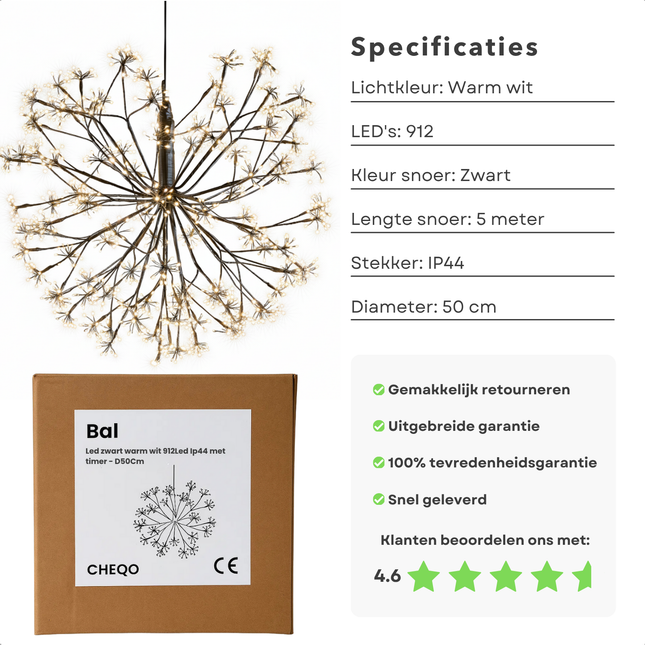 Cheqo® Balvormige Kerstverlichting - Kerstbal Warm Wit Licht - Micro LED-Lampjes - Spatwaterdicht - IP44 - Tuinverlichting - 50 CM Diameter - Zwart Snoer - 912 LED Lampjes - Lichtgevende Bal - Buitenverlichting - Sfeerverlichting