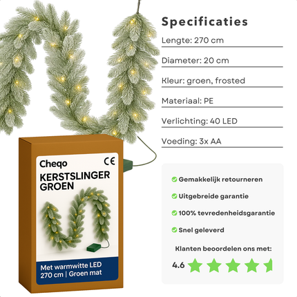 Cheqo® Guirlande Met Verlichting - Kerstguirlande - Warm Witte LED-Lampjes - 270 cm Lang - Groene Dennentakken - Frosted Afwerking - Kerstversiering - Natuurlijke Look - PE Takjes - Batterijvoeding - Deurkrans - Winterseizoen