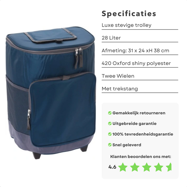 Cheqo® Grote Koeltas Trolley met Wielen - Koeltrolley - Koelbox op Wielen - 28 Liter - Trekstang - 2 Mesh Opbergvakken